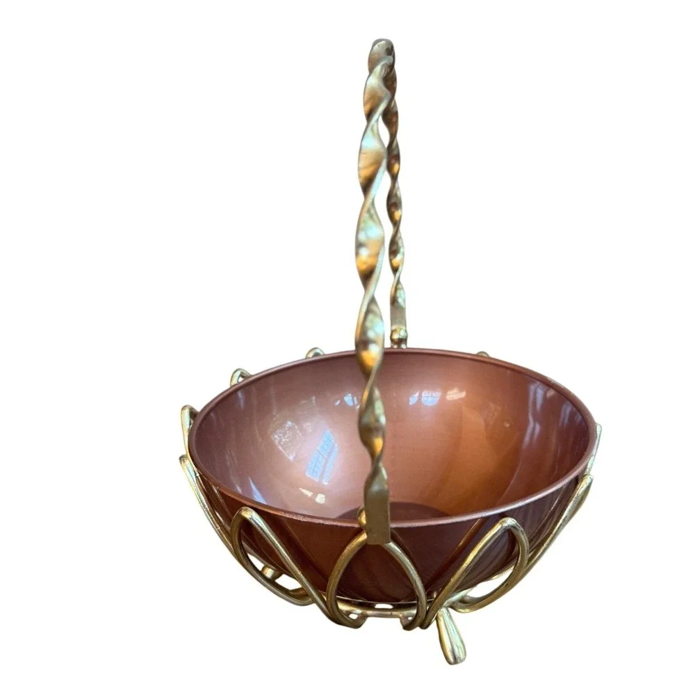 Vintage Gold Wire Basket Copper Bowl - MCM Peoria Plastic Candy Dish - 1960s